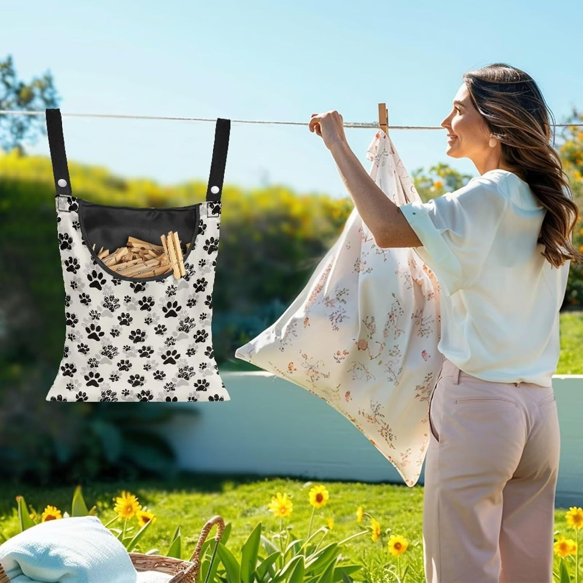 Dog Paw Print Clothespin Bag with Hanging Hook Summer Laundry Clothes Pin Holder Waterproof Clothes