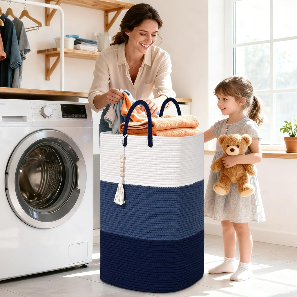 Woven Laundry Basket for Clothes,65 L Large Rectangle Laundry Hampers with Beads Tassel, Nursery
