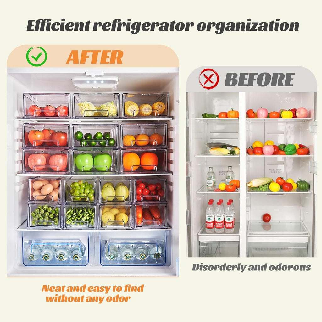 PeJeyiee Clear Stackable Refrigerator Organizers and Storage Drawers - Pull-Out Fridge Bins with
