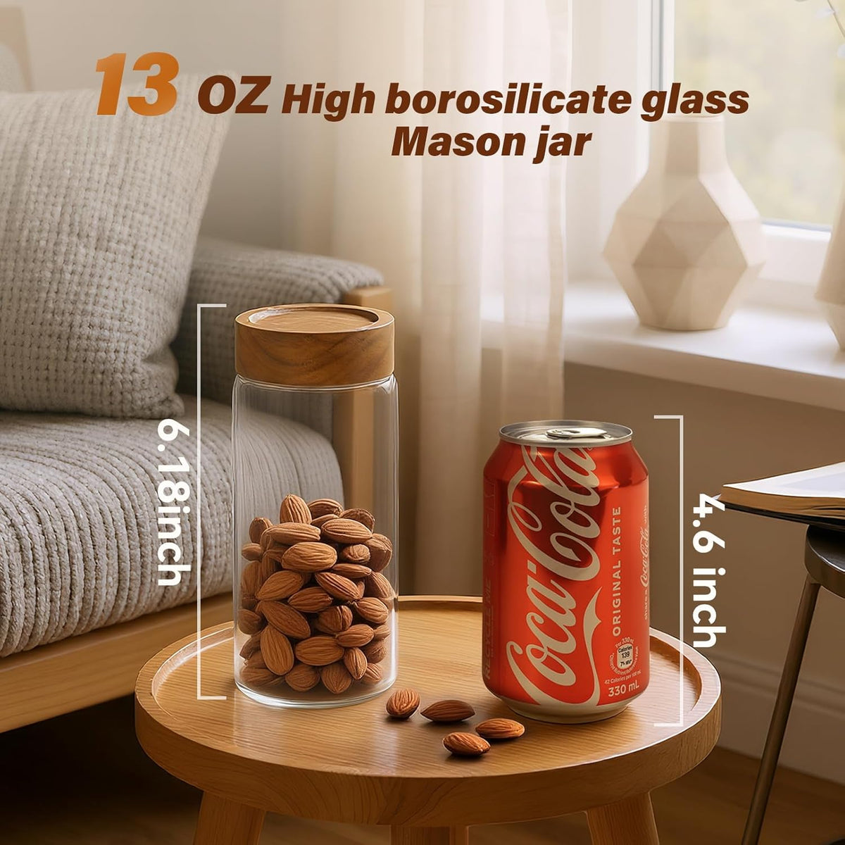6 -Piece 13 oz Food-Grade Glass Mason Jars with Acacia Wood Lids, Sealable Waterproof, Transparent