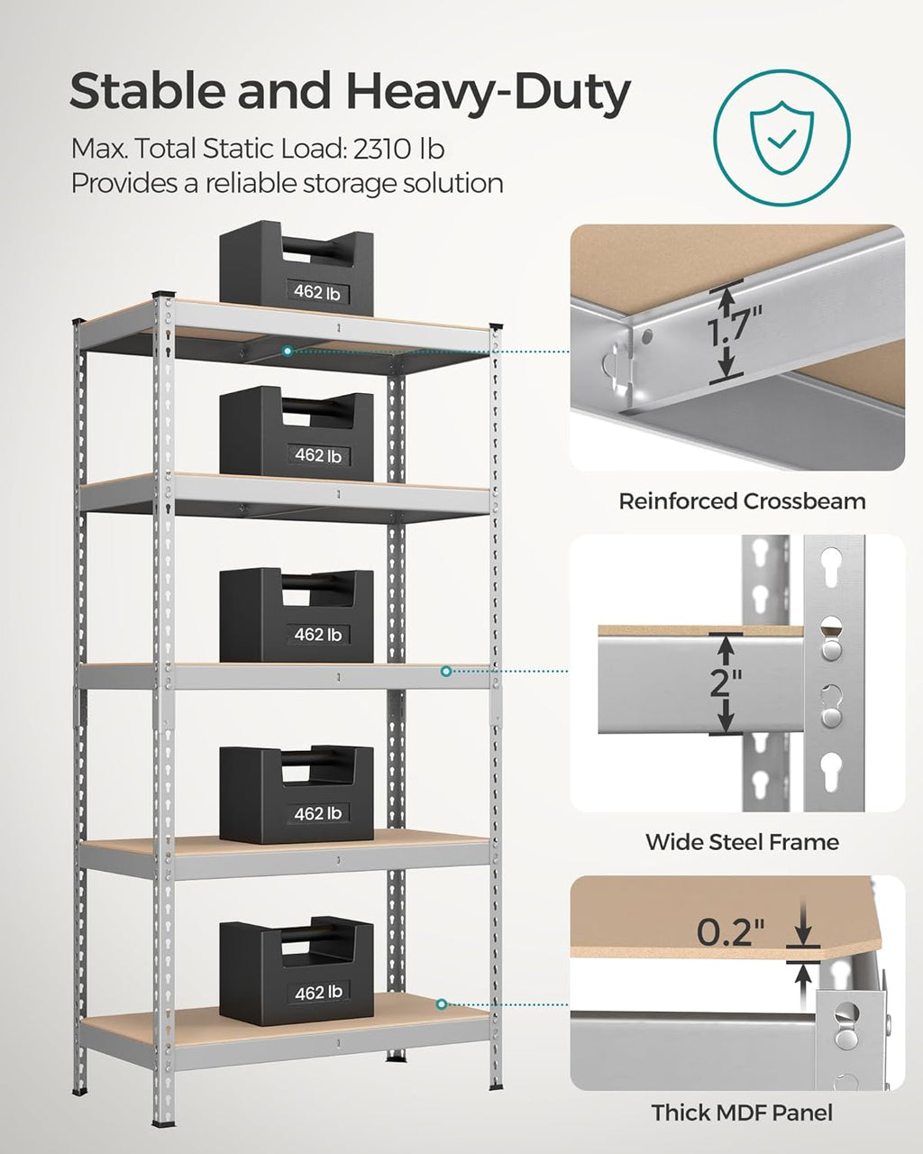 SONGMICS 5-Tier Storage Shelves, Load 2310 lb, Set of 2 Garage Storage, Boltless Assembly