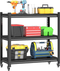 3 Tier Adjustable Garage Storage Shelving,Heavy Duty Utility Rack Shelf Unit on 4 Wheel