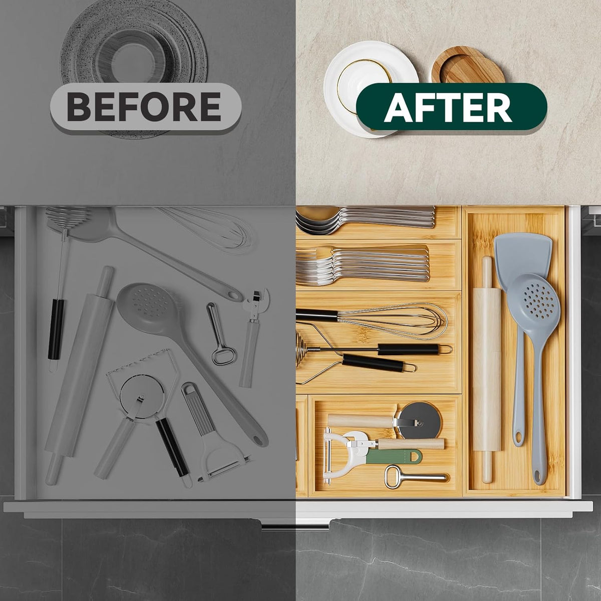 Bamboo Kitchen Drawer Organizer, Stackable Utensil Holder Silverware Organizer Cutlery Tray - 2PCS