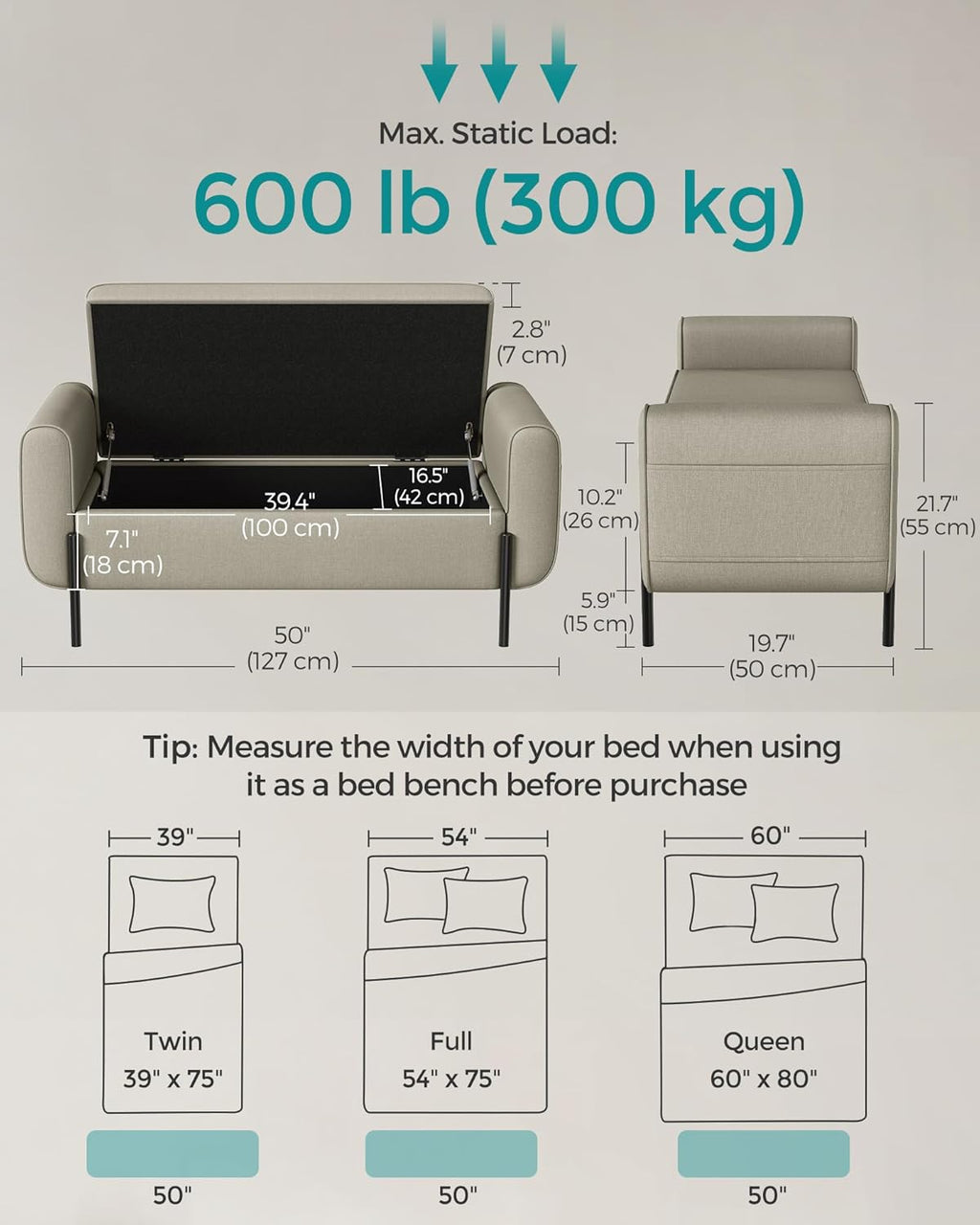 SONGMICS Storage Bench with Armrests, Ottoman with Storage for Living Room, Storage Ottoman Bench