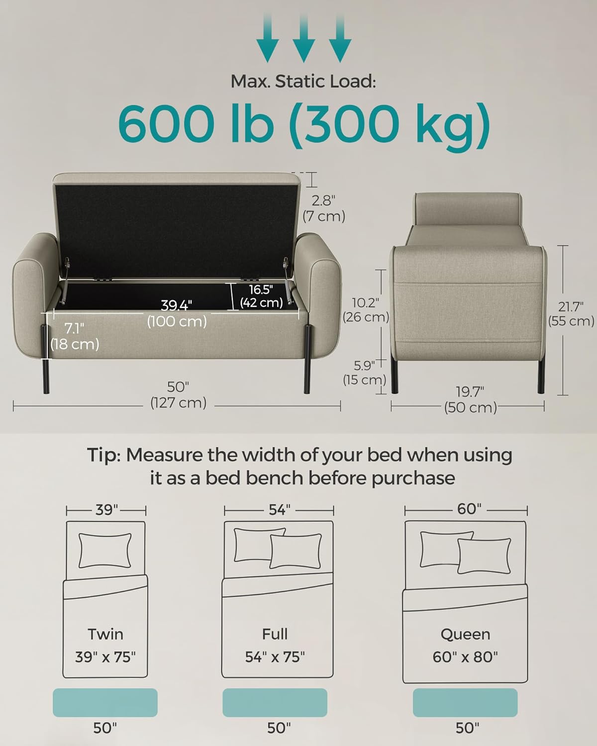 SONGMICS Storage Bench with Armrests, Ottoman with Storage for Living Room, Storage Ottoman Bench
