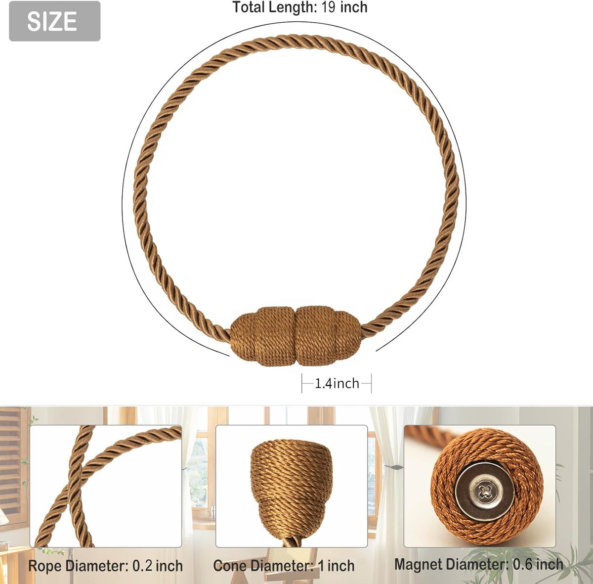 Magnetic Curtain Tiebacks Rope Curtain Tie Backs for Curtains 4 Pack Curtain Holders for Drapes