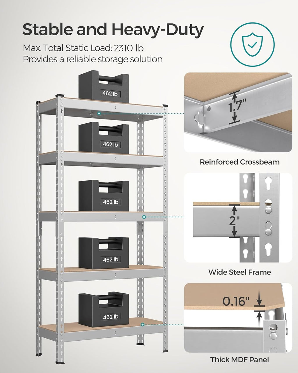 SONGMICS 5-Tier Storage Shelves, Load 2310 lb, Set of 2 Garage Storage, Boltless Assembly