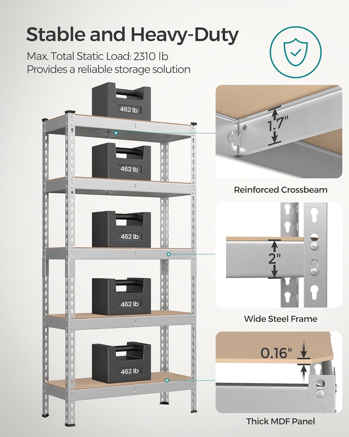 SONGMICS 5-Tier Storage Shelves, Load 2310 lb, Set of 2 Garage Storage, Boltless Assembly