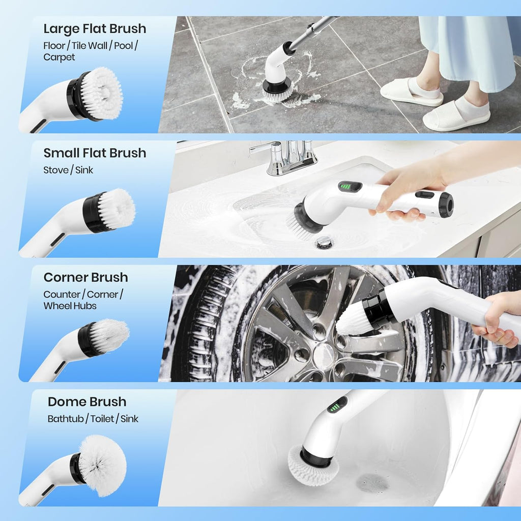 Electric Spin Scrubber, Full-Body IPX7 Waterproof Cordless Shower Scrubber with 8 Replaceable