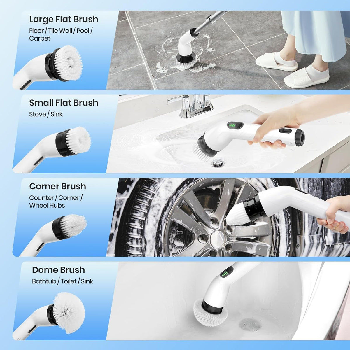 Electric Spin Scrubber, Full-Body IPX7 Waterproof Cordless Shower Scrubber with 8 Replaceable