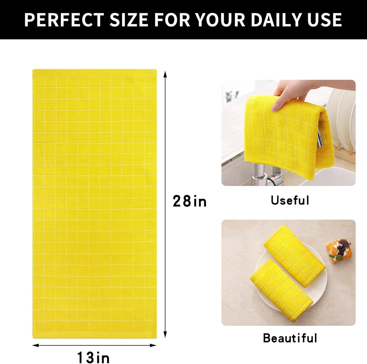 Homaxy 100% Cotton Terry Kitchen Towels(Yellow, 13 x 28 inches), Checkered Designed, Soft and Super
