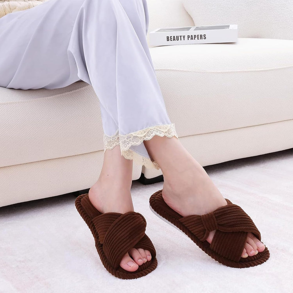 Evshine Summer House Slippers for Women Corduroy Cross Bow Indoor Slippers Open Toe Slip On Bedroom