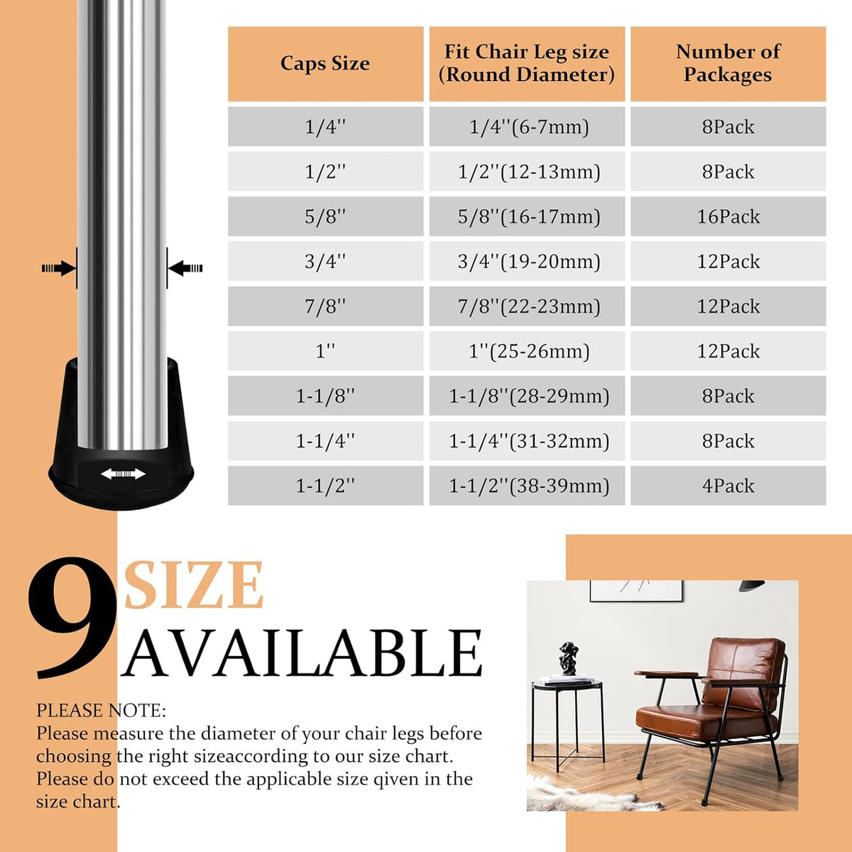 7/8" Round Rubber Chair Leg Tips Caps, Chair Leg Floor Protectors, Non-Slip Chairs Legs Caps, Stool