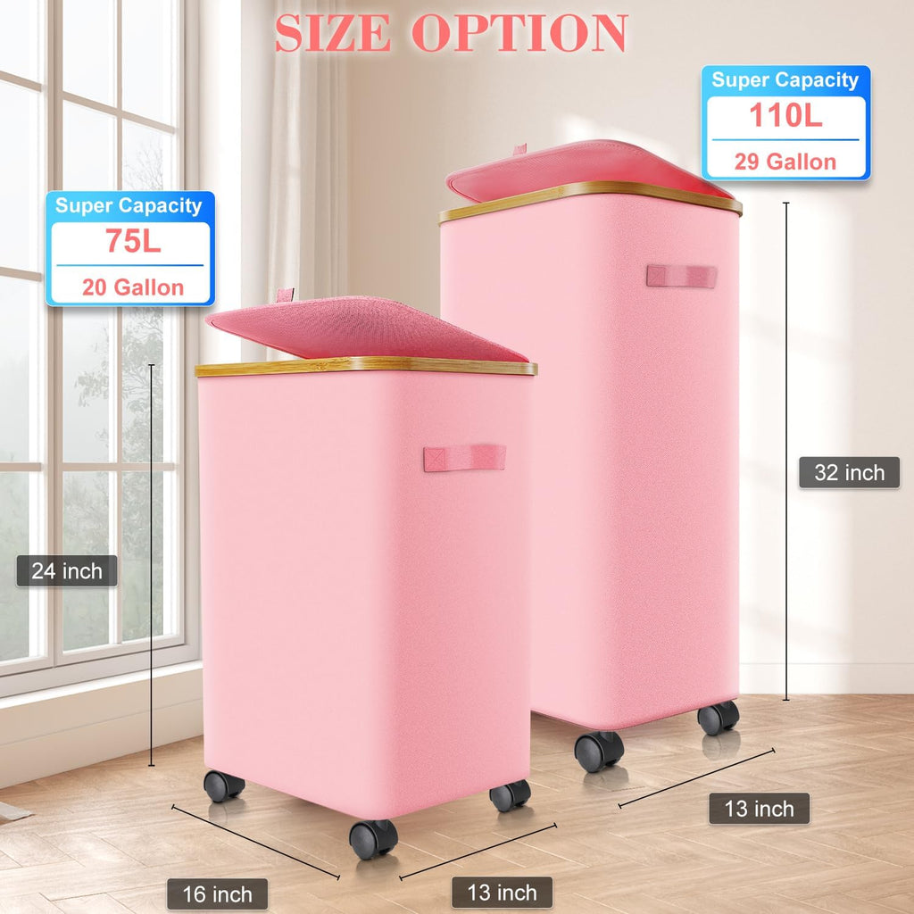 Laundry Hamper with Wheels,20 Gal (75L) Laundry Basket with lid Rolling Clothes Hamper Foldable