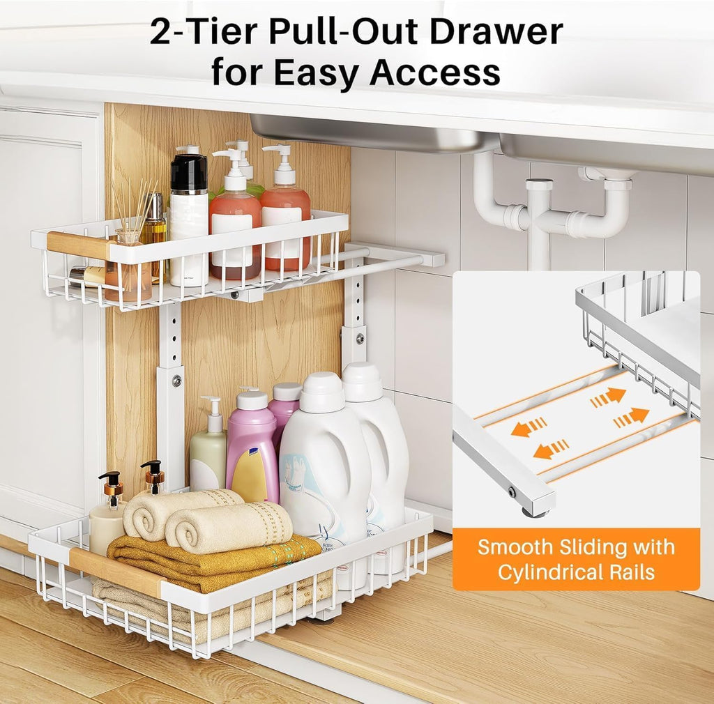 PXRACK 1 Pack Under Sink Organizer,Adjustable Height,2 Tier Pull Out Under Cabinet Organizer,Slide