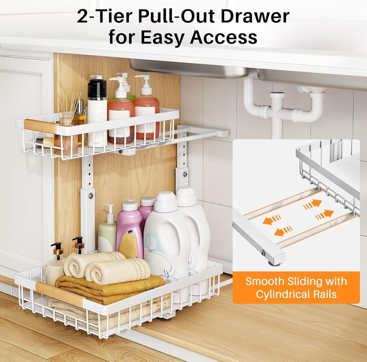 PXRACK 1 Pack Under Sink Organizer,Adjustable Height,2 Tier Pull Out Under Cabinet Organizer,Slide