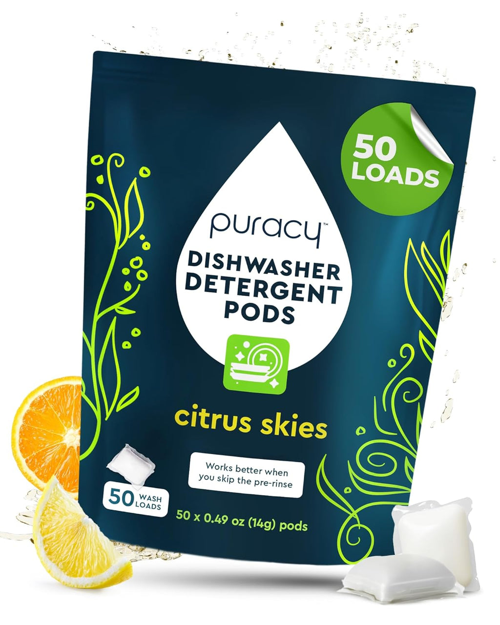 Puracy Dishwasher Pods, Natural Dishwasher Detergent, Citrus Skies Dish tabs - Enzyme-Powered, Spot