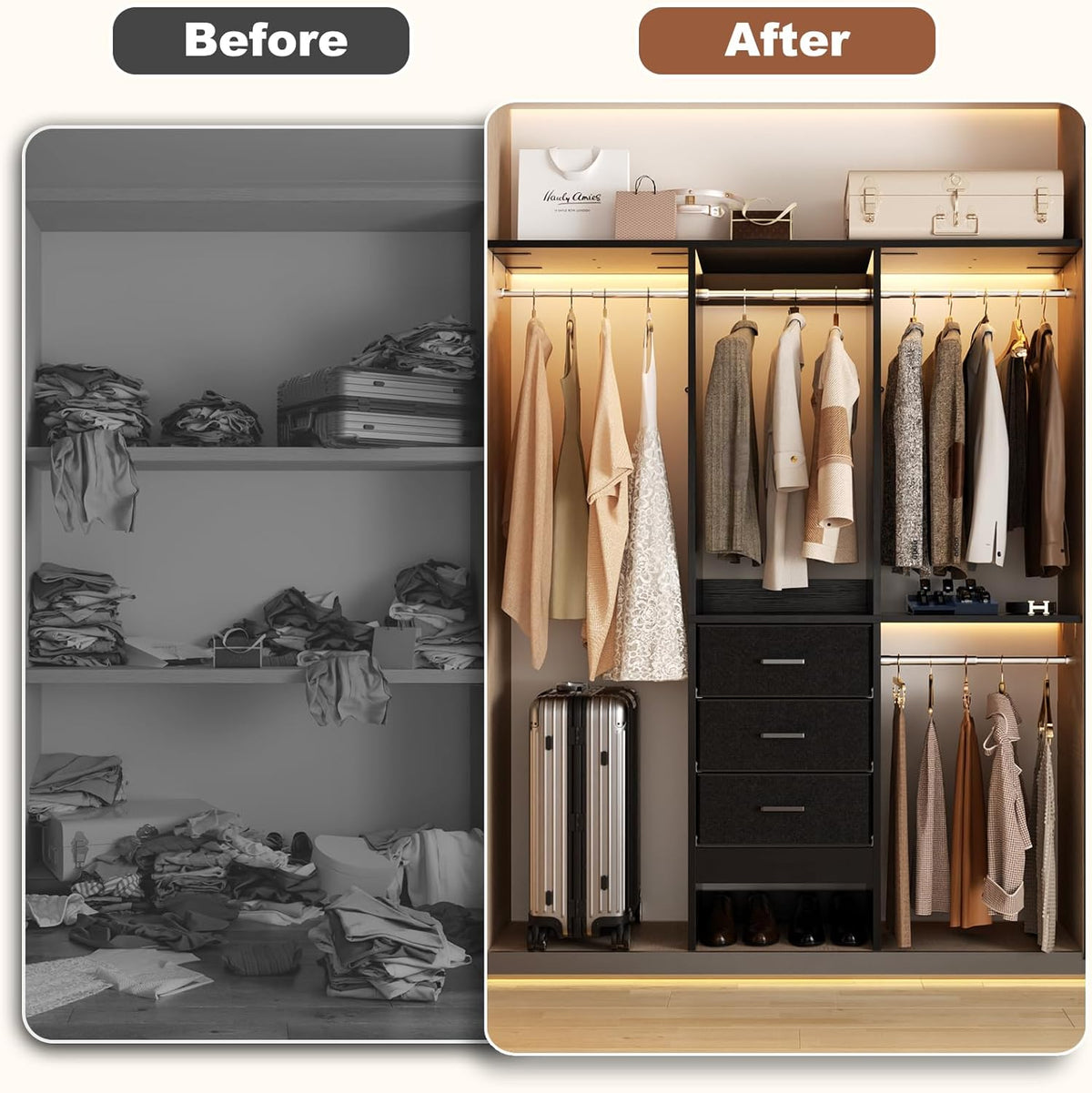 4FT Small Closet System with 3 Fabric Drawers, 48'' Closet Organizer System With 3 Adjustable