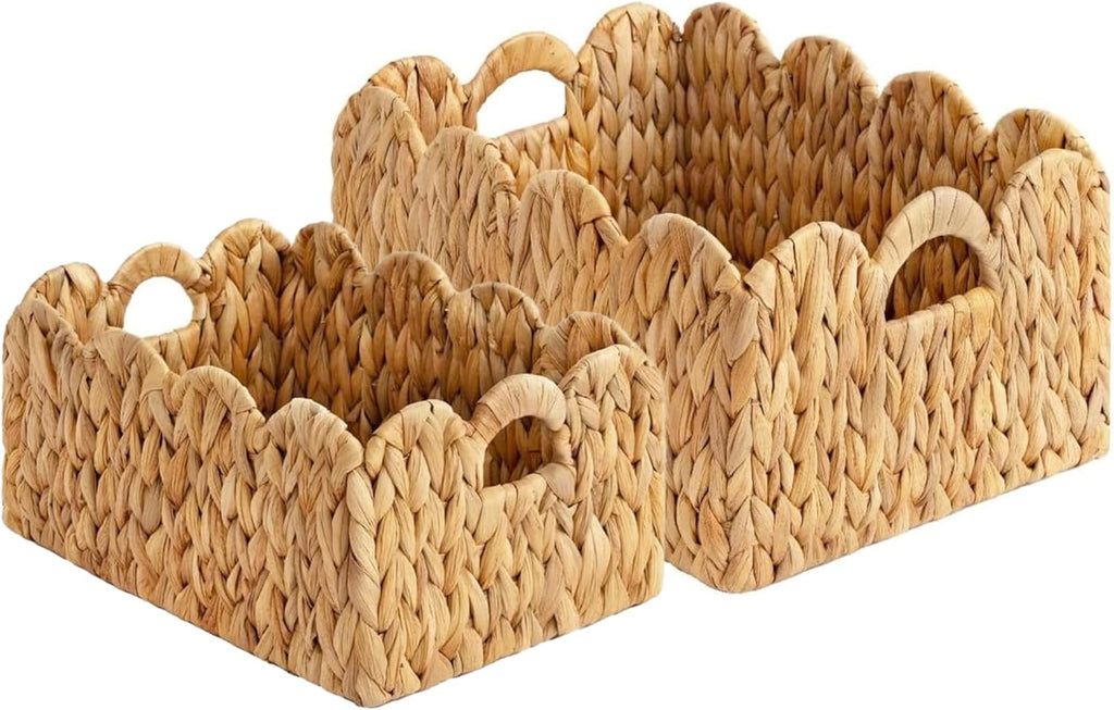 Set of 2 Scalloped Edge Wicker Storage Basket with Built-in Handles, Rectangle Water Hyacinth