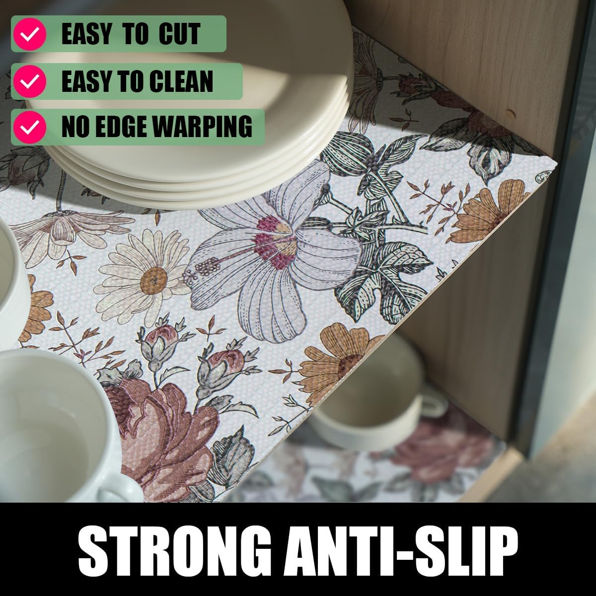 Floral Drawer Shelf Liners, Non Adhesive and Strong Non-Slip Cabinet Drawer Shelf Liners for