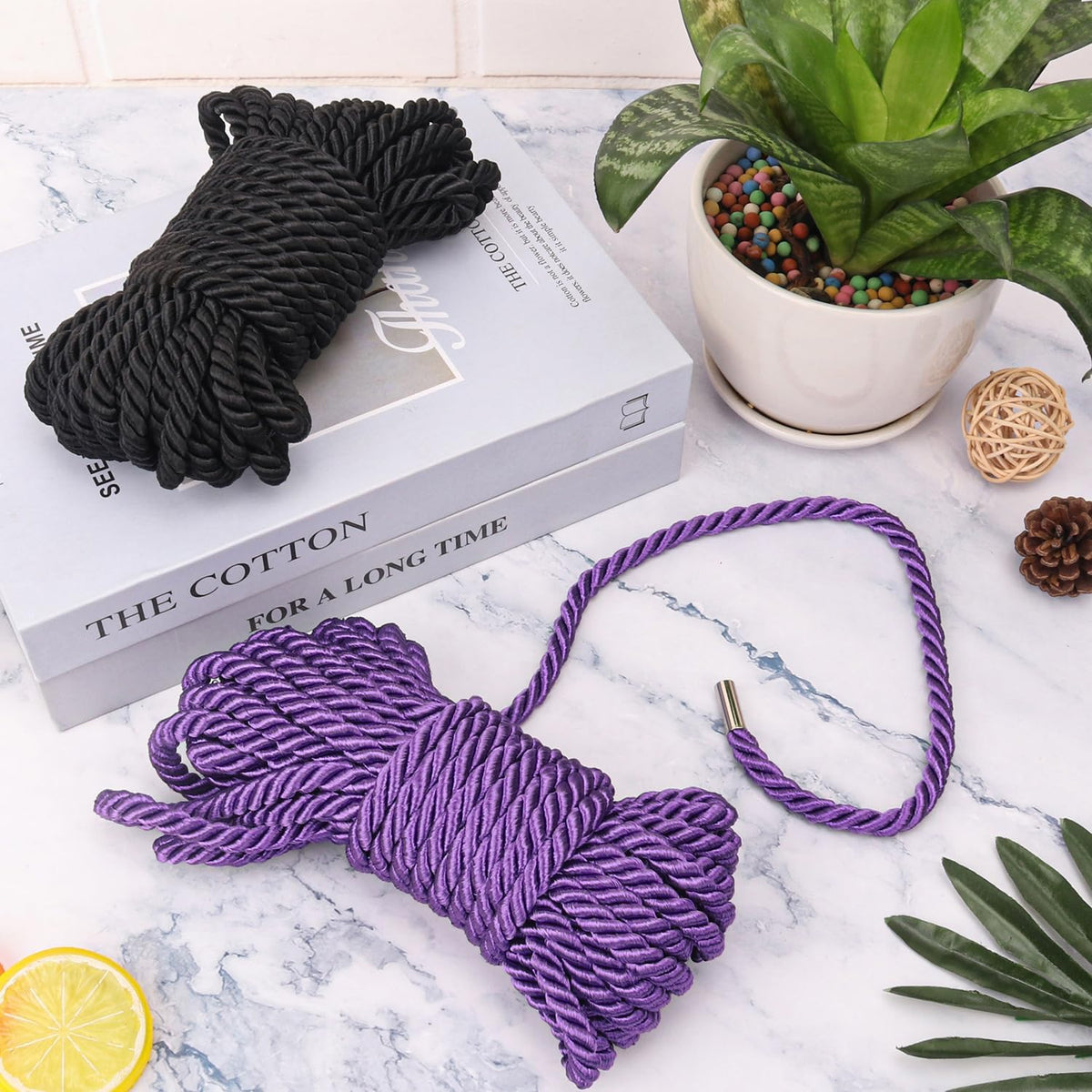 6 PCS Silk Rope Set - 32 Feet Long Nylon Proof Rope Cord and Soft Braided Ropes Black & Purple