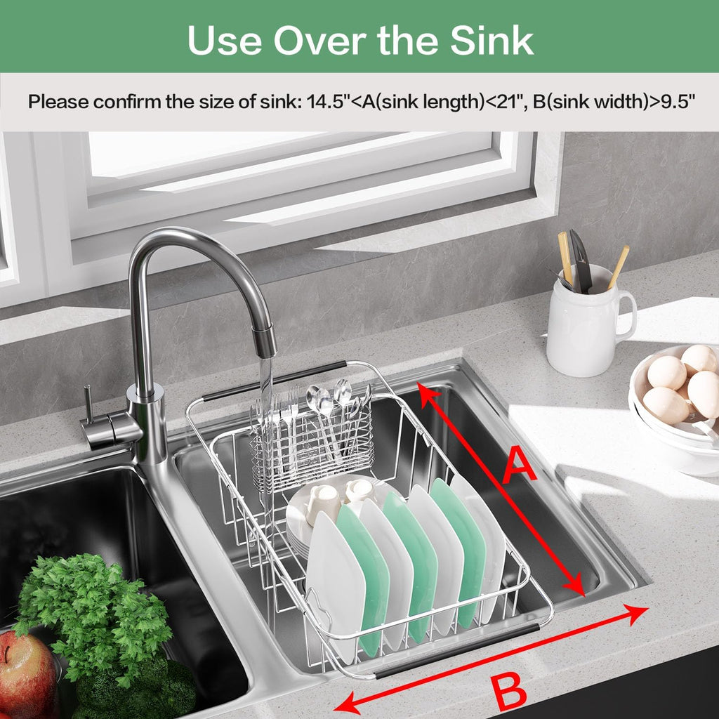 Dish Drainer Rack in Sink Adjustable, Expandable 304 Stainless Steel Metal Dish Drying Rack