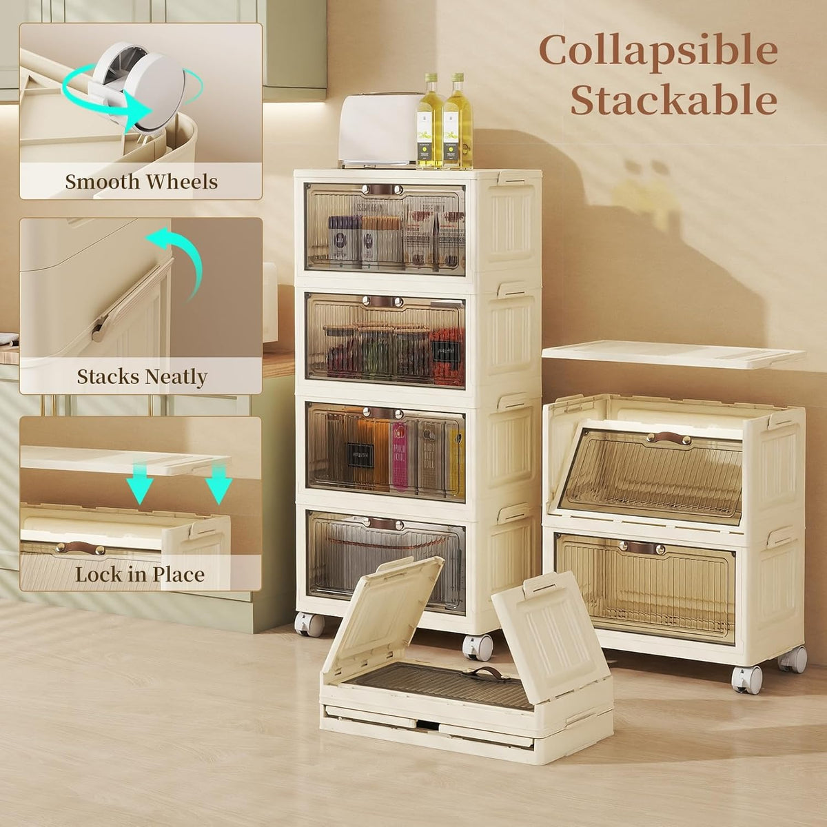 4 Tier - 34QT Storage Bins with Lids, Collapsible Storage Bins with Doors and Wheels, Plastic