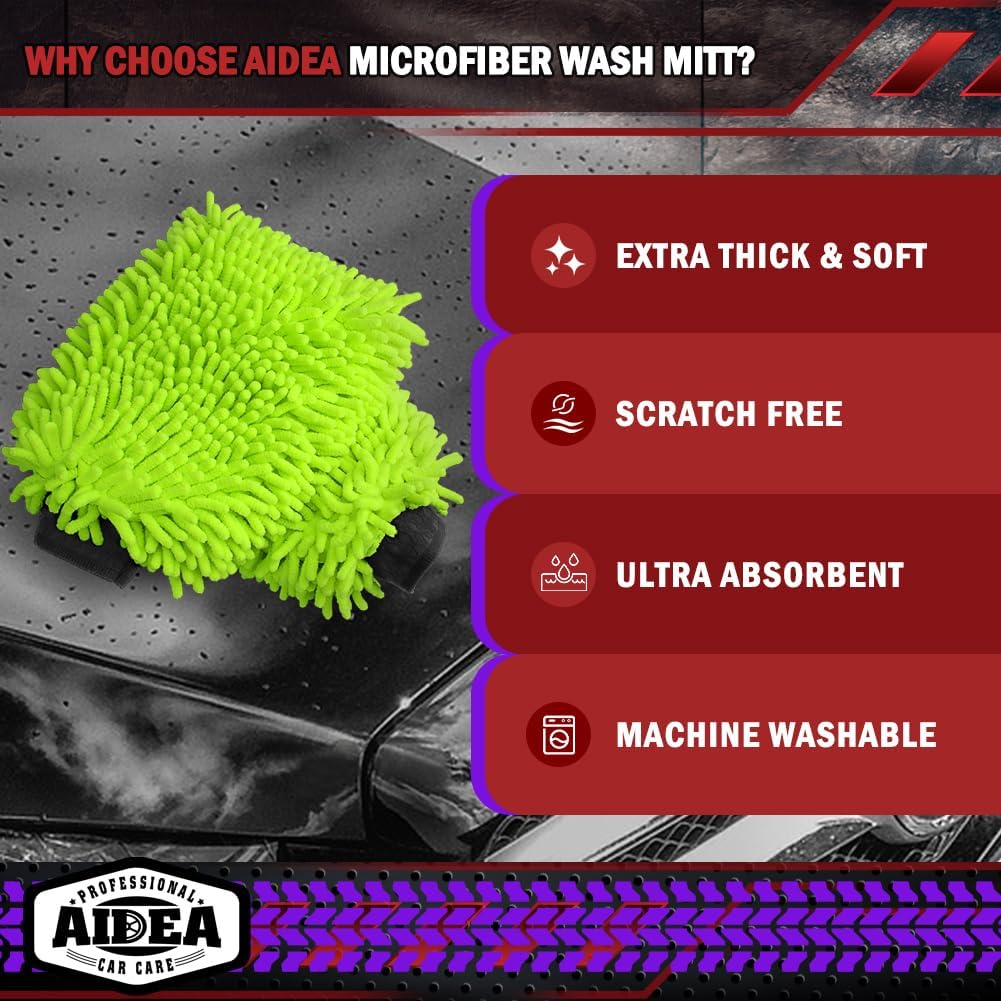 AIDEA Car Wash Mitt Microfiber, 1PK-Scratch-Free& Lint-Free, Premium Chenille Microfiber Mitt Car