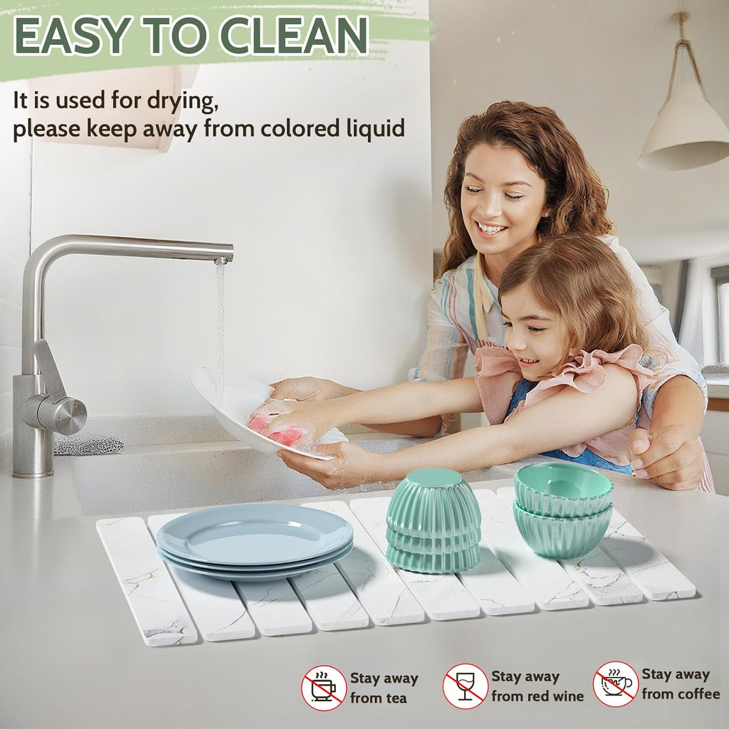 Stone Drying Mat for Kitchen Counter - 24x16 Inches Foldable Quick-Dry, Stone Dish Drying Mat