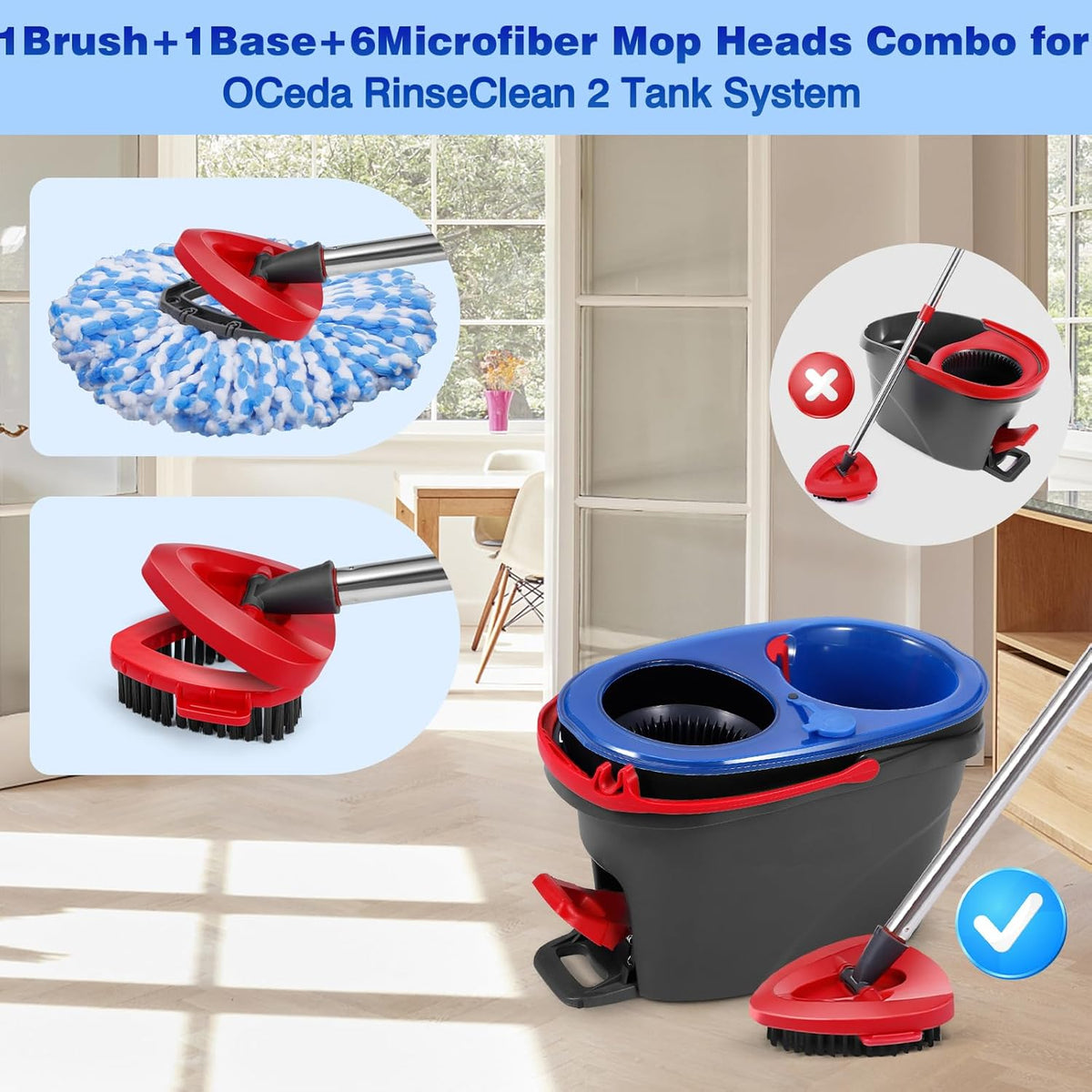 Mop Replacement Heads 6 Pcs & 1 Scrub Brush & 1 Base Combo,Spin Mop Replacement Head for Ocedar