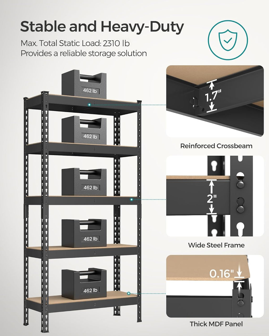 SONGMICS 5-Tier Storage Shelves, Load 2310 lb, Set of 2 Garage Storage, Boltless Assembly