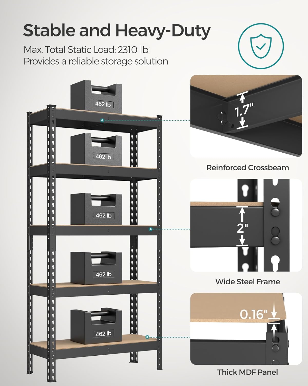 SONGMICS 5-Tier Storage Shelves, Load 2310 lb, Set of 2 Garage Storage, Boltless Assembly