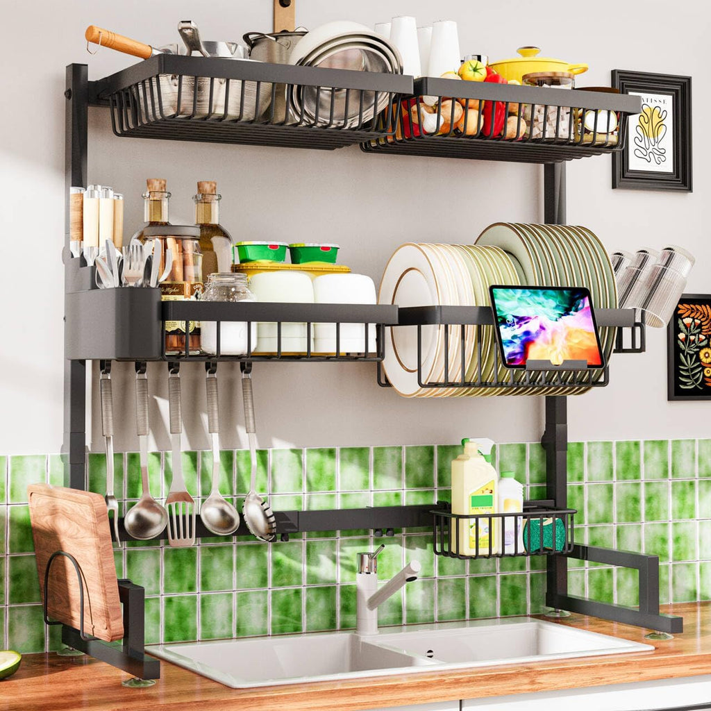 3-Tier Over Sink Dish Draining Rack, Adjustable Width and Height, with Phone Holder, Cup Holder