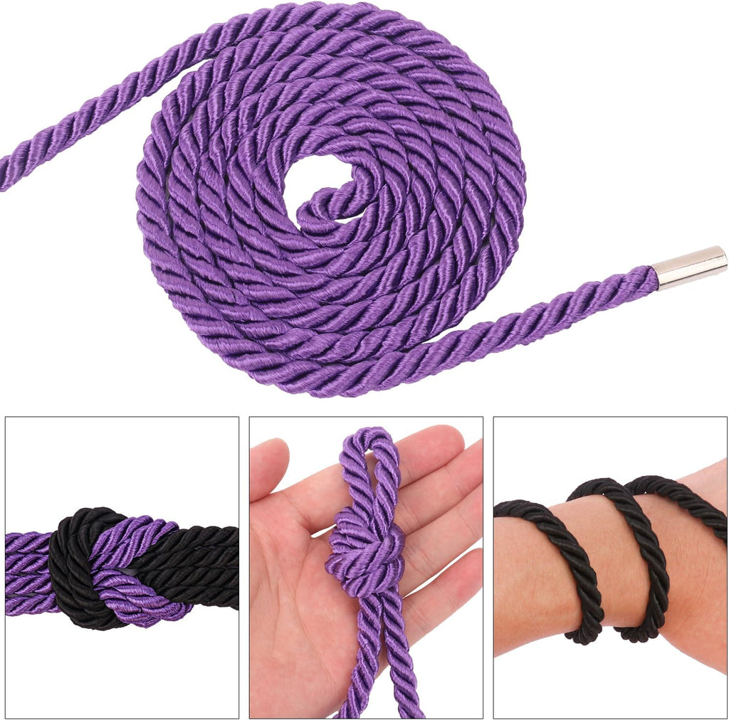 6 PCS Silk Rope Set - 32 Feet Long Nylon Proof Rope Cord and Soft Braided Ropes Black & Purple