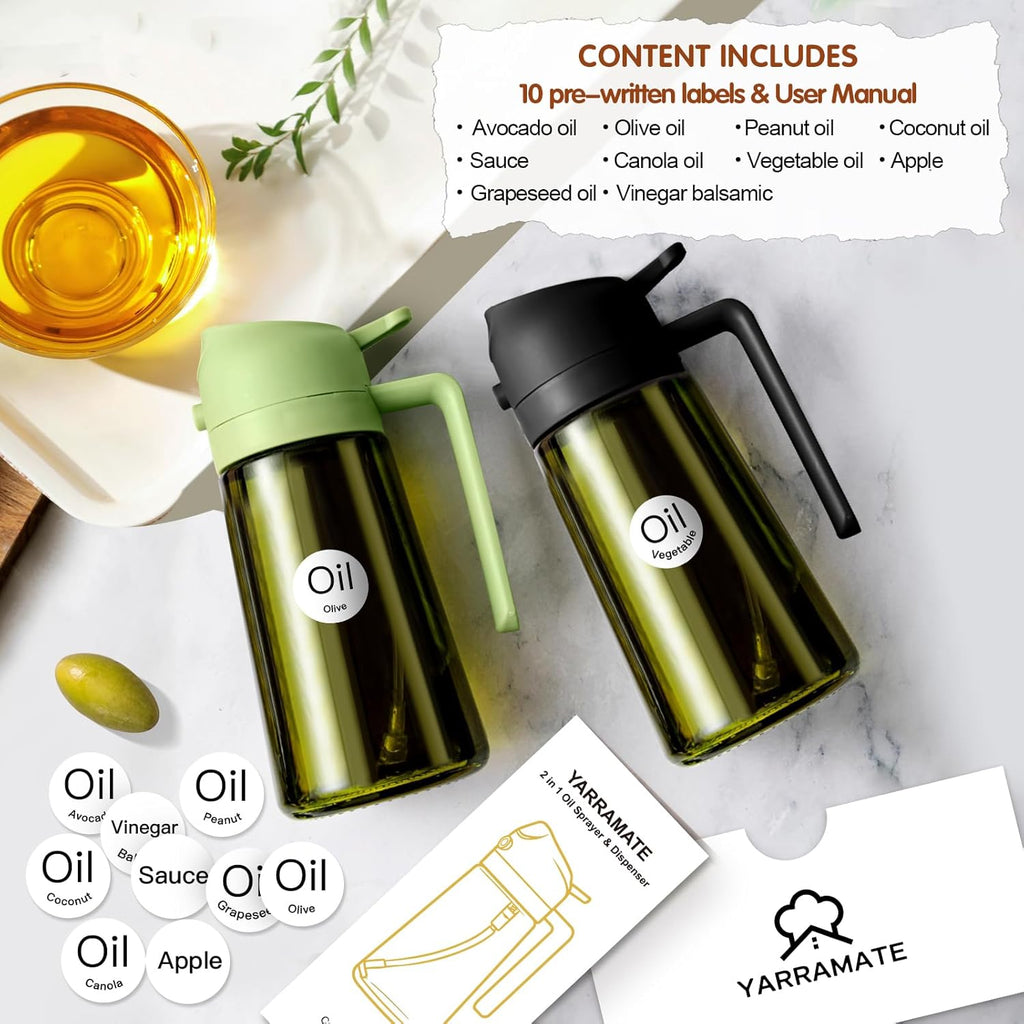 YARRAMATE 2PCS 16oz/470ml Oil Sprayer for Cooking with Stickers, Food-Grade 2 in 1 Olive Oil