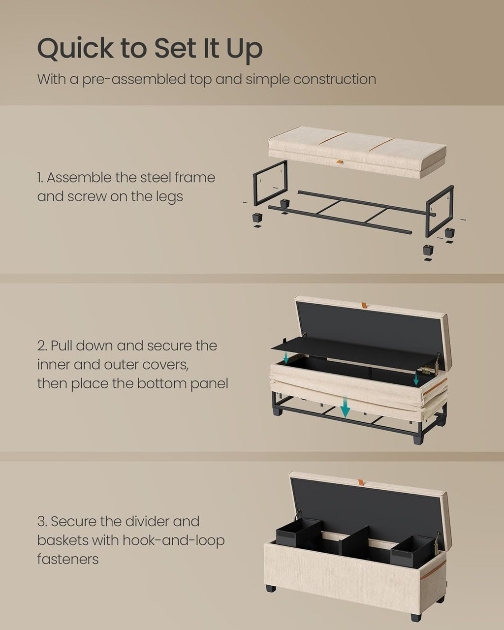 SONGMICS Storage Ottoman Bench, Storage Chest, 15.7 x 43.3 x 15.7 Inches, End of Bed Bench, 27 Gal.
