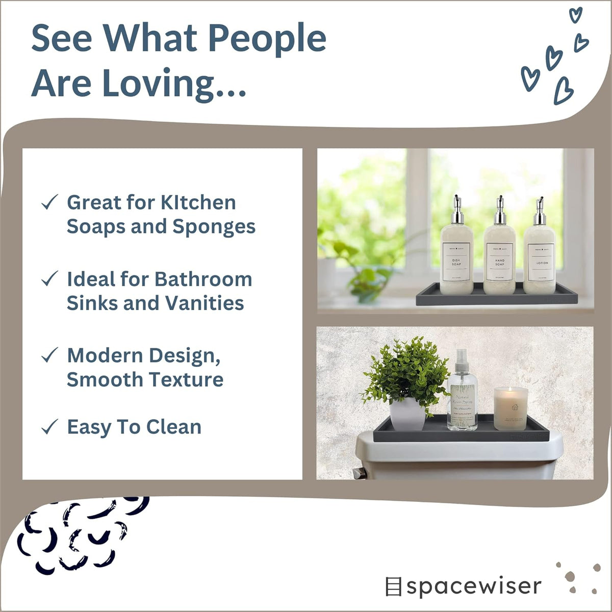 Countertop and Vanity Tray - 11.7" Silicone Bathroom Tray Countertop, Dish Soap Trays for Kitchen