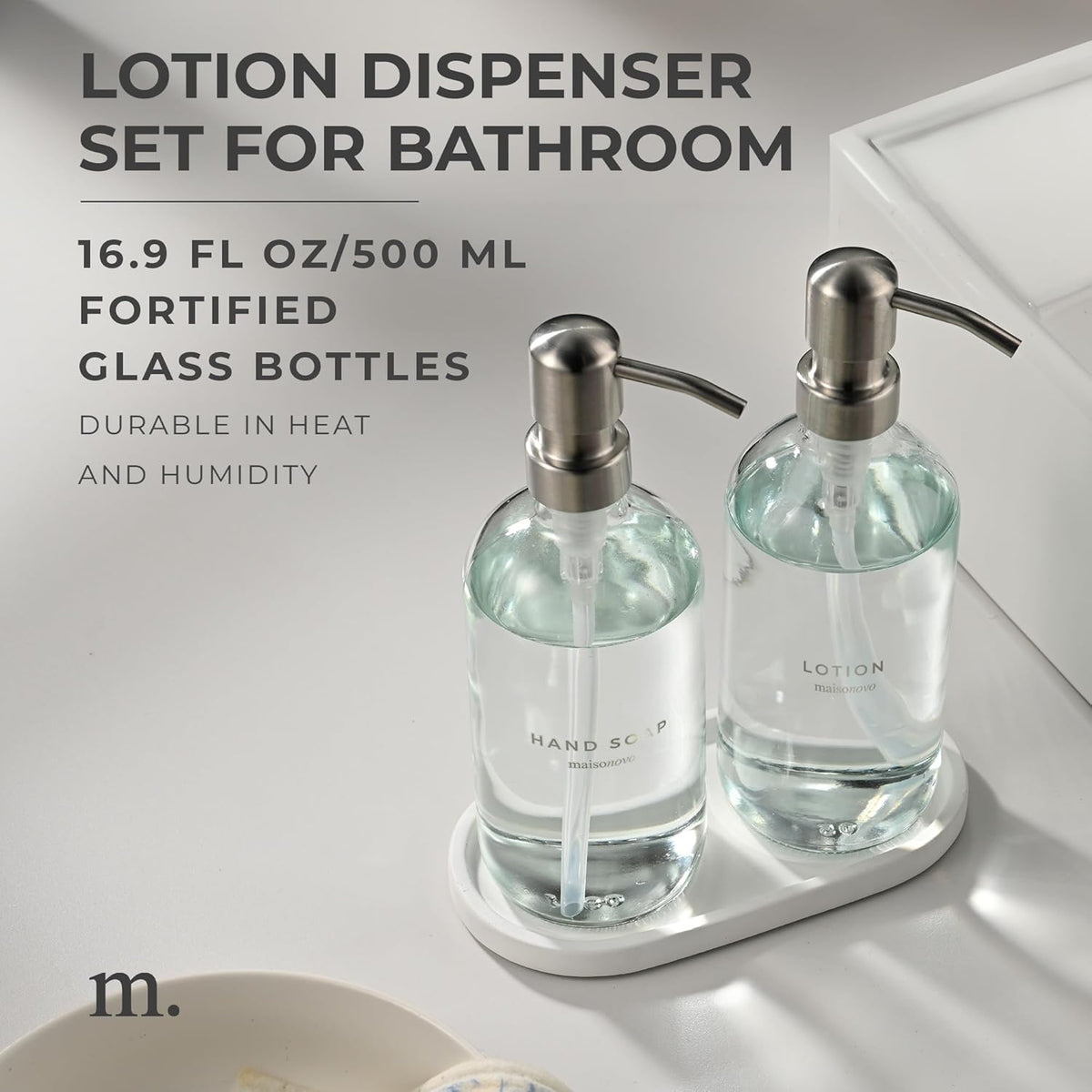 MaisoNovo Soap Dispenser 3-Piece Set | 16.9oz Clear Bottles with Silver Stainless Steel Pumps