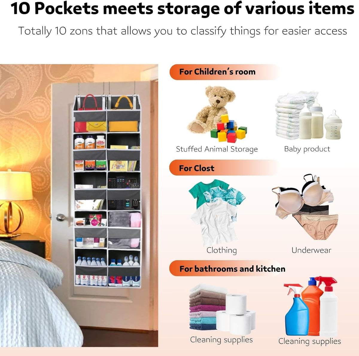 Over the Door Organizer 5 Tiers, Extra Large Behind Door Storage of 10 Compartments, 80 lbs Weight