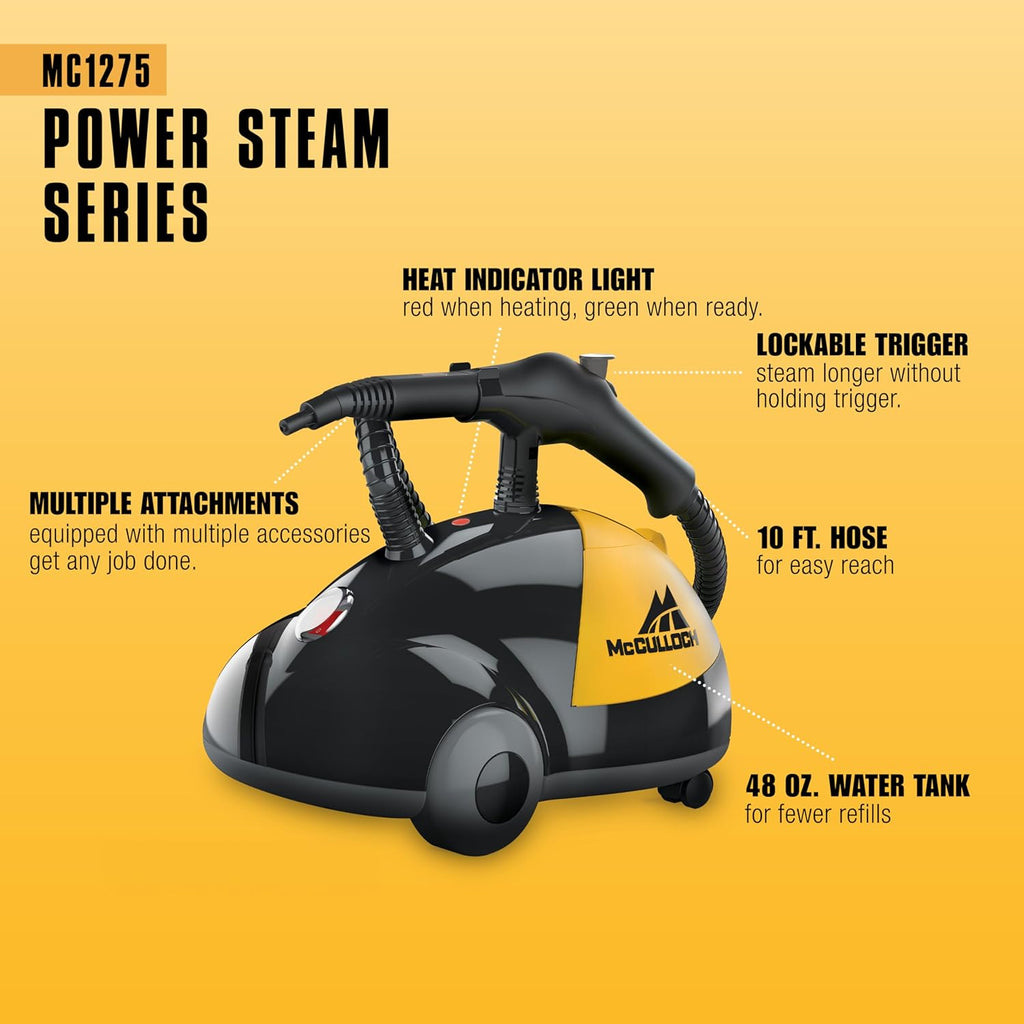 McCulloch MC1275 Heavy-Duty Steam Cleaner, 45 Minute Runtime, 18 Accessories: Mop Head, Brushes, &