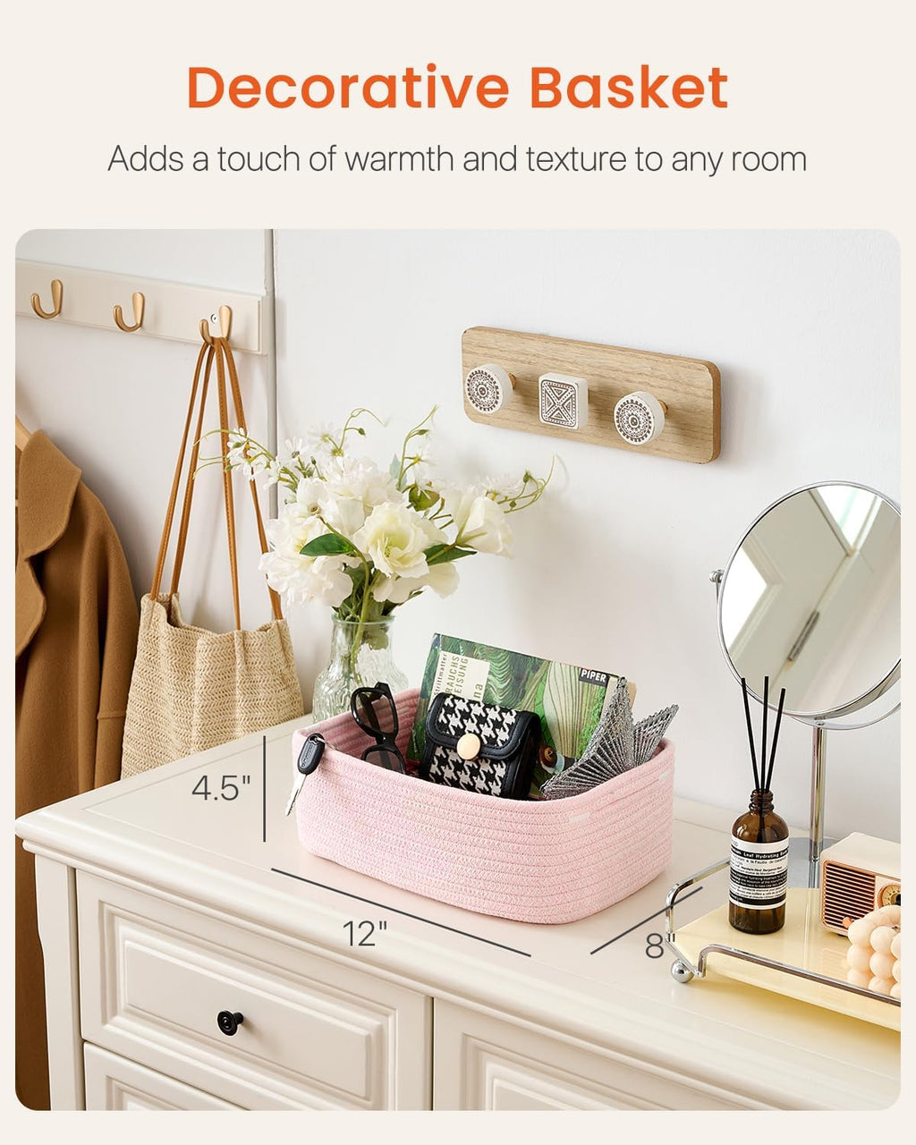 Small Woven Basket, 12 x 8 x 4.5 Inches, Storage Basket for Organizing, Cute Small Rope Shelf