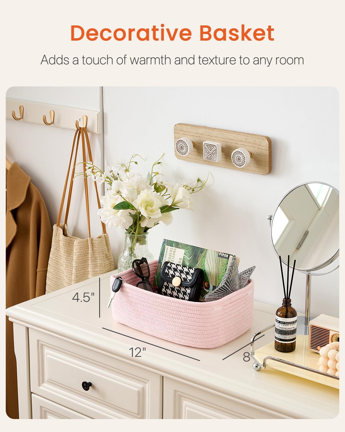 Small Woven Basket, 12 x 8 x 4.5 Inches, Storage Basket for Organizing, Cute Small Rope Shelf