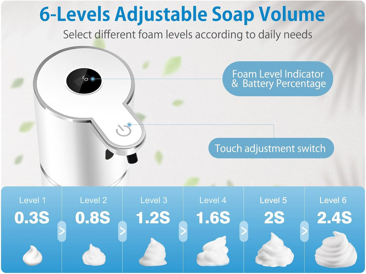 Automatic Foaming Soap Dispenser 12.8oz, Rechargeable & 6 Levels Foaming Adjustable with Digital