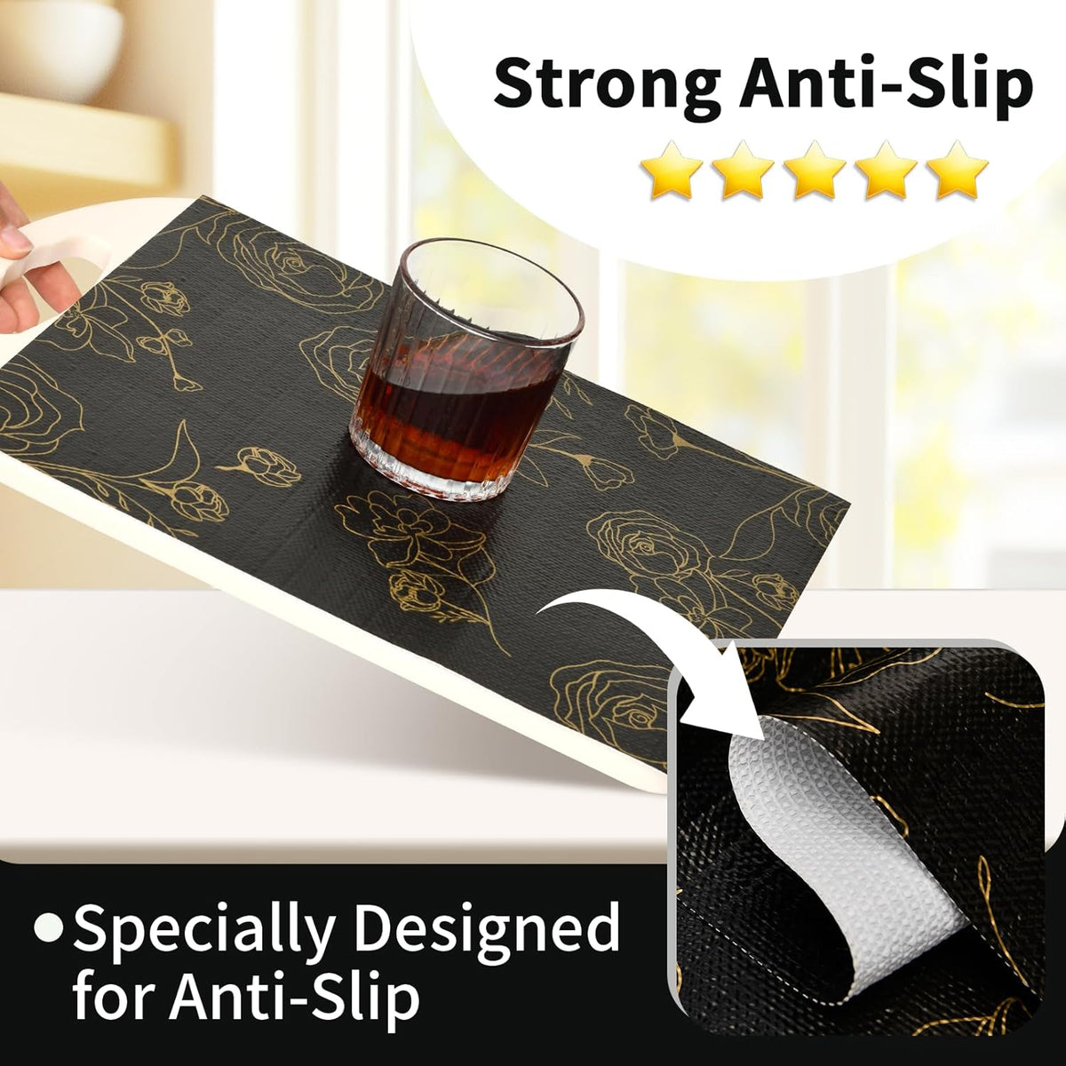 Shelf Liners for Kitchen Cabinets 12in x 30FT Non Adhesive Drawer Liner Black Floral Thickened