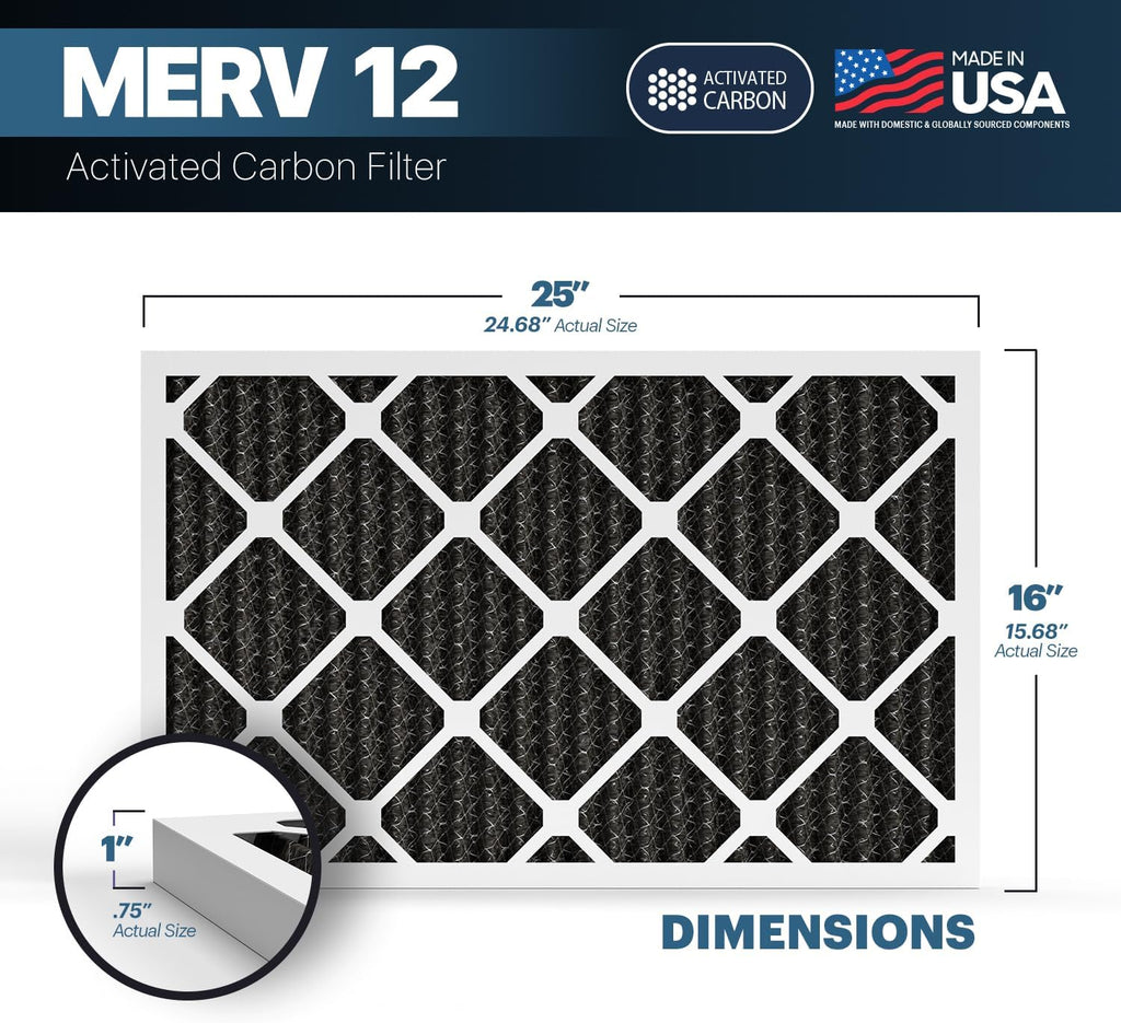 BNX TruFilter 16x25x1 MERV 12 Odor Defense (4-Pack) AC Furnace Air Filter with Activated Carbon
