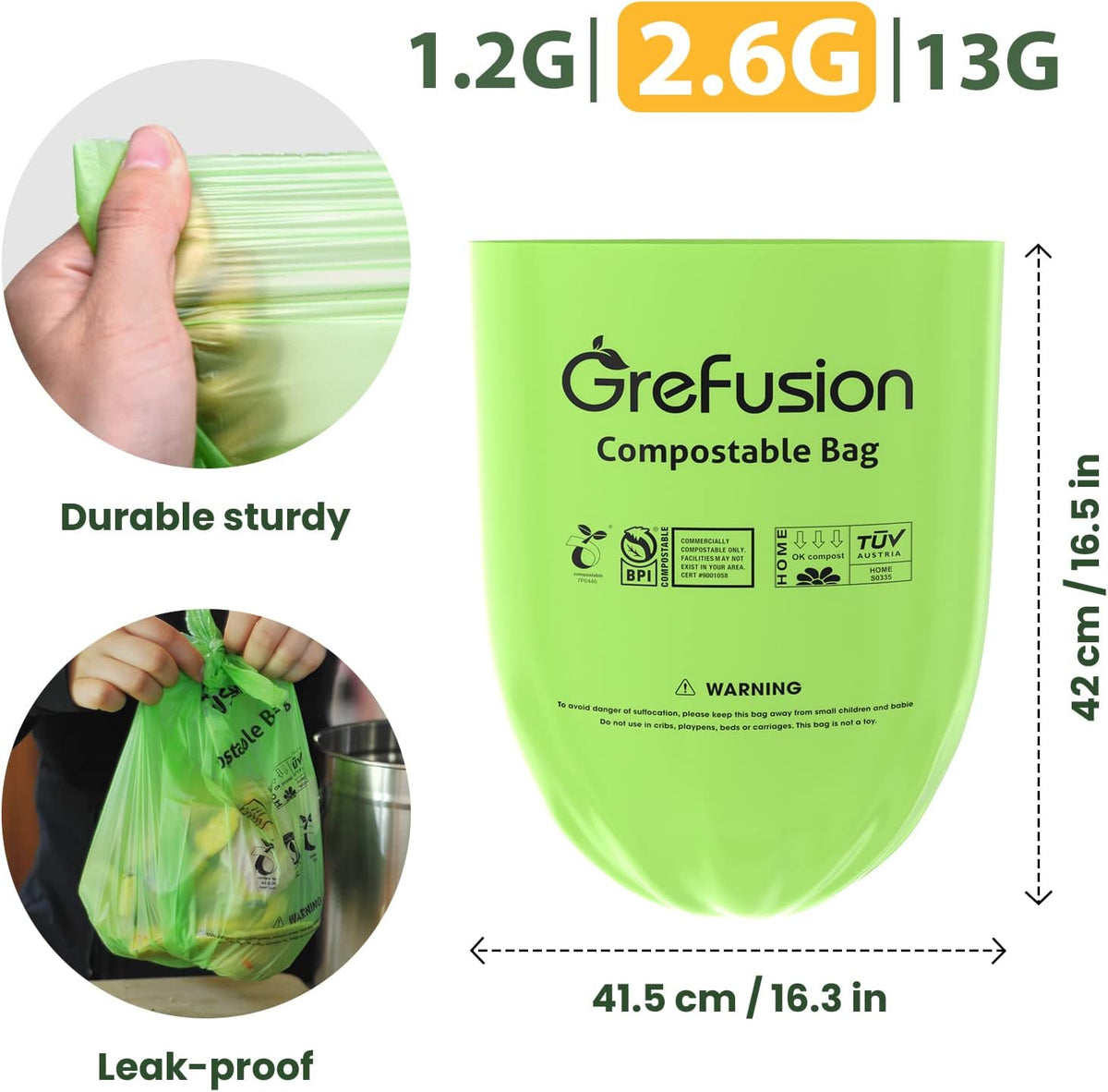 GreFusion 2.6 Gallon Compostable Trash Bags, 100 Count, Extra Thick 0.71 Mil, Certified by BPI and