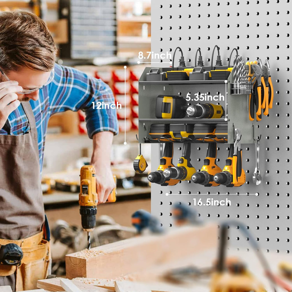 CCCEI Set Power Tool Organizer Wall Mount with Charging Station. Garage 4 Drill Storage Shelf with