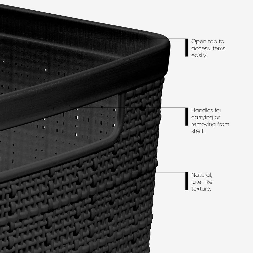 Curver Set of 6 Jute Medium Decorative Plastic Organization and Storage Baskets, Perfect Bins for