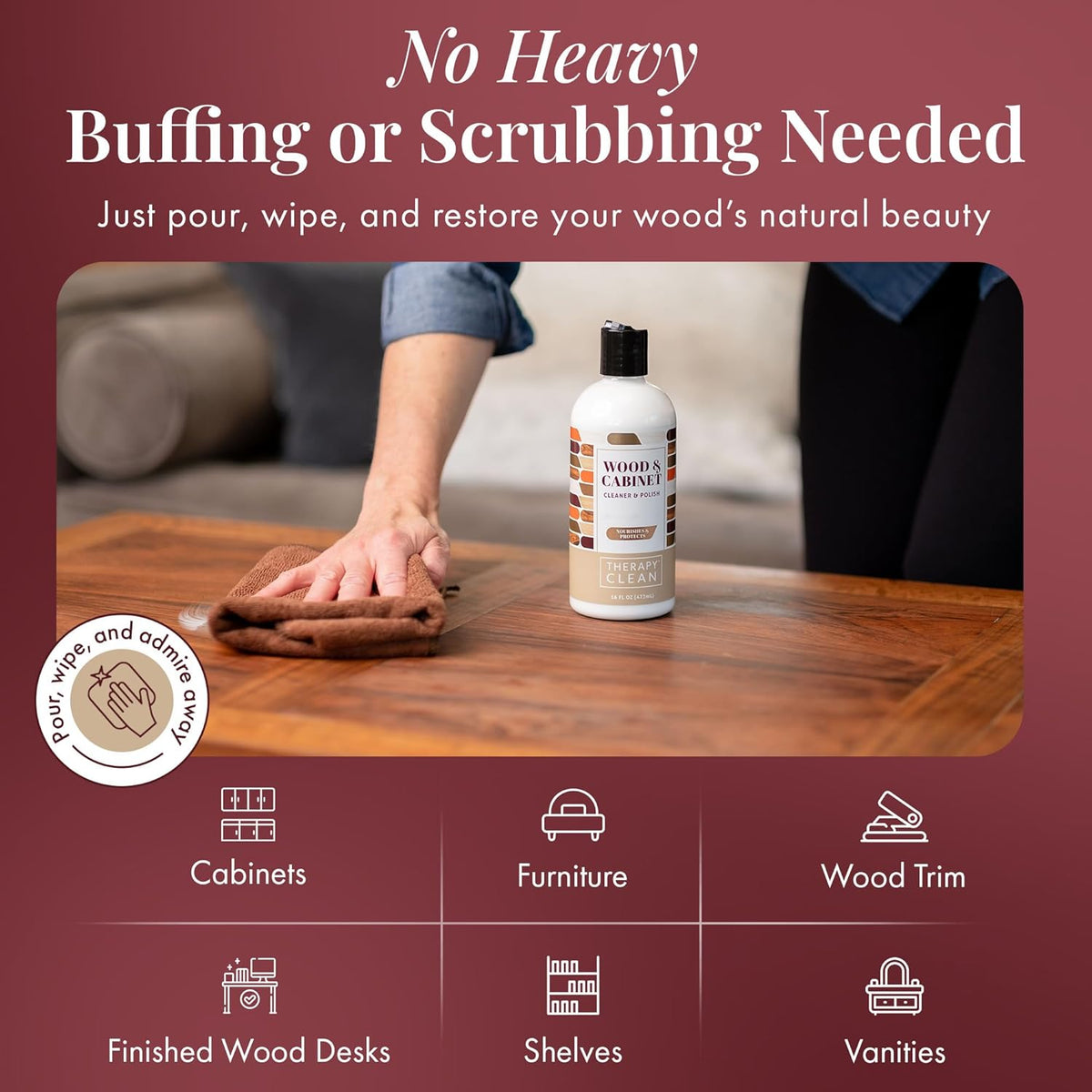 Therapy Wood Cleaner & Polish 16 oz. (2-Pack with Microfiber Cloth) - Wood Cabinet and Table