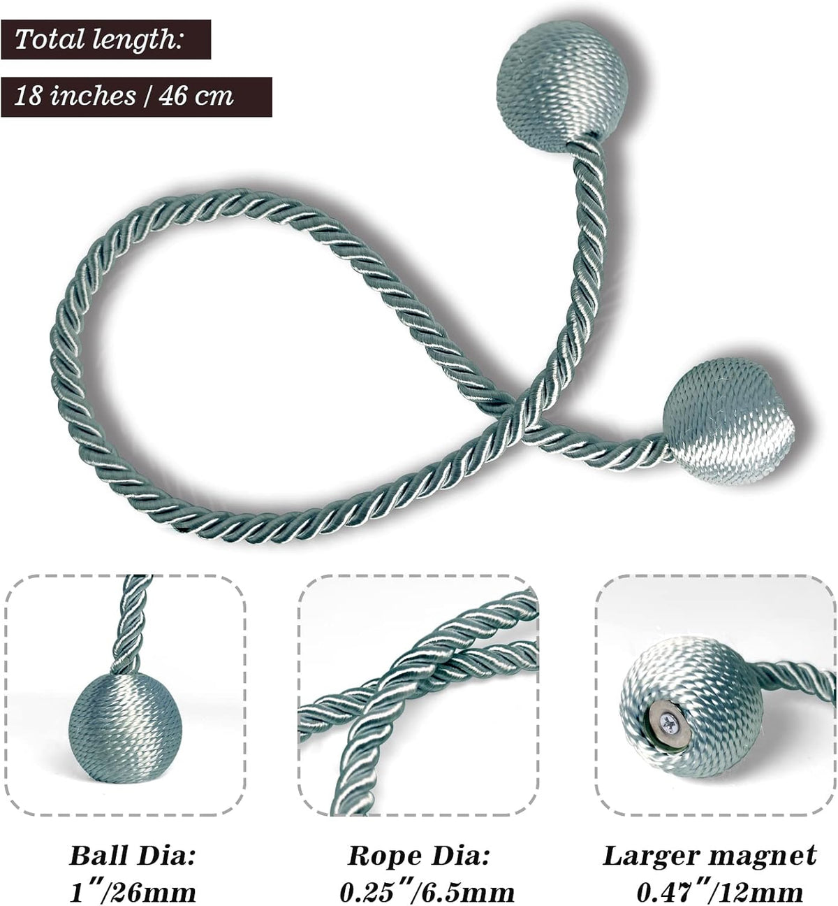 Hion Magnetic Curtain Tiebacks Gray Blue 2 Pack, Curtain Tiebacks Buckles Holdbacks Holders Hooks